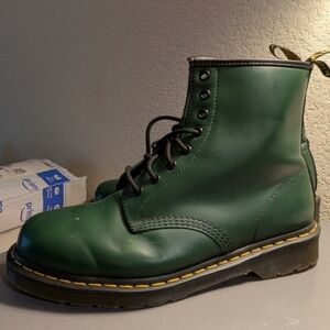 Dr. Martens Green Leather 8-Eye Lace-Up Boot with Yellow Stitching